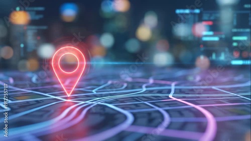 Digital location pin navigation map glowing with neon interface and smart city grid highlighting GPS tracking and real time positioning technology