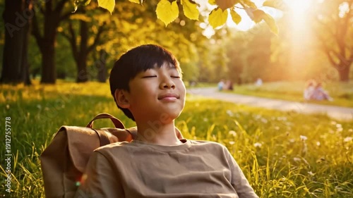 Serene young boy relaxing in sunlit park with eyes closed, enjoying peaceful summer day amidst nature