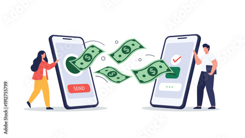 Concept of digital money transfer showing a man and a woman using their smartphones to send dollar bills wirelessly between devices.
