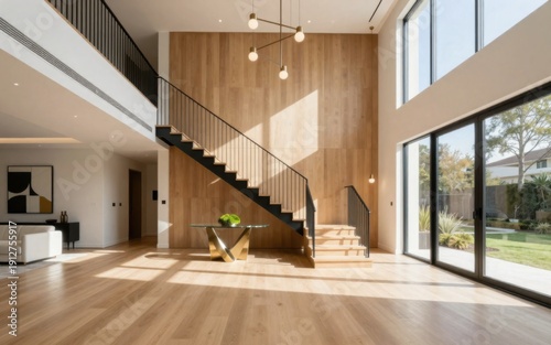 Modern Home Interior with Open Staircase and Natural Light, Featuring Contemporary Design Elements