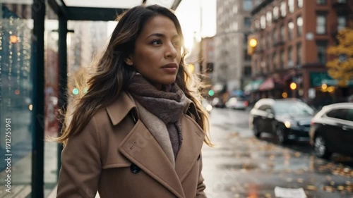 Woman in tan coat at a bus stop on a rainy day looking thoughtful in the city