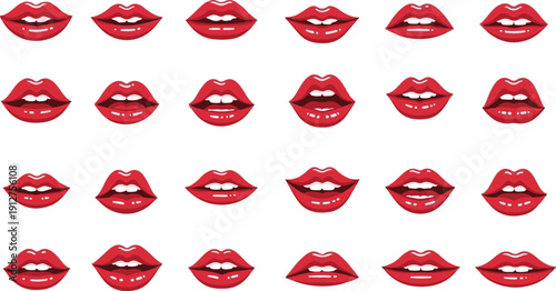 Seamless Vector Pattern of Red Sexy Lips Set. Pop Art Glamour Mouths Collection with Different Expressions on White Background. Modern Beauty and Fashion Design Element.