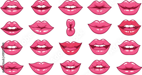 Diverse Pink Glossy Pop Art Lips Set. Sexy Cartoon Mouth Expressions Vector Illustration Pack. Woman's vibrant makeup, fashion, and beauty elements ideal for stickers, patterns, or retro designs.