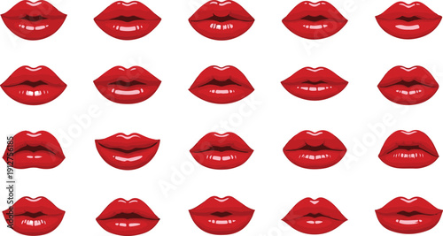 Seamless Vector Pattern of Red Glossy Lips. Repeated Pop Art Style Mouths in Different Expressions for Beauty, Fashion, Valentine's Day, and Cosmetic Packaging Backgrounds.