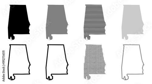 Alabama Map Styles Vector – Set of Eight U.S. State Silhouettes Featuring Solid, Outline, Patterned, and Textured Variations for Geography and Design Projects