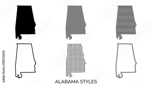 Alabama Map Styles Vector – Set of Eight U.S. State Silhouettes Featuring Solid, Outline, Patterned, and Textured Variations for Geography and Design Projects