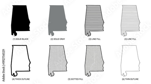 Alabama Map Styles Vector – Set of Eight U.S. State Silhouettes Featuring Solid, Outline, Patterned, and Textured Variations for Geography and Design Projects