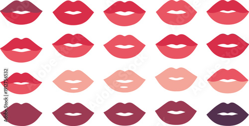 Lips Vector Illustration Seamless Pattern: 20 Different Shades of Red, Pink, and Maroon Colors for Beauty, Makeup, Cosmetics, Fashion, and Valentine's Day Design Background.