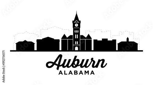 Auburn Alabama Skyline Vector – Black Silhouette of Historic Campus Buildings and Clock Tower for Travel, Education, and Southern City Design Projects