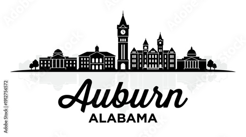Auburn Alabama Skyline Vector – Black Silhouette of Historic Campus Buildings and Clock Tower for Travel, Education, and Southern City Design Projects