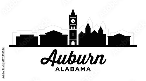 Auburn Alabama Skyline Vector – Black Silhouette of Historic Campus Buildings and Clock Tower for Travel, Education, and Southern City Design Projects