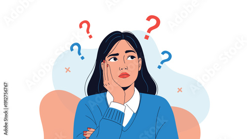 Thinking woman looking up with a confused expression while red and blue question marks float around her head against a soft background.