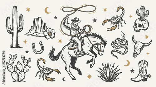 Wild West Vector Set – Stylized Cowboy, Horse, Cactus, Skull, Snake, Scorpion, and Desert Elements for Western, Vintage, and Adventure Design Projects