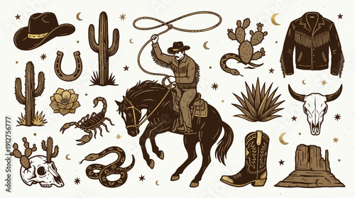 Wild West Vector Set – Stylized Cowboy, Horse, Cactus, Skull, Snake, Scorpion, and Desert Elements for Western, Vintage, and Adventure Design Projects