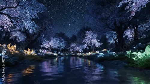 Wallpaper Mural Nighttime River Scene with Illuminated Trees. Torontodigital.ca