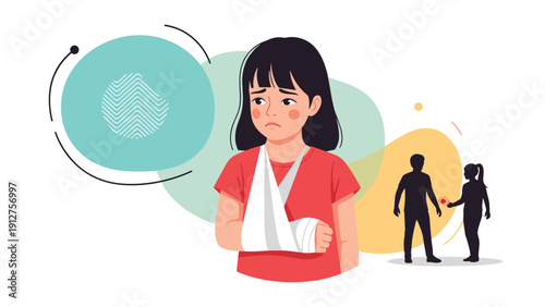 Sad young girl with a bandaged broken arm in a white sling standing in front of medical background showing childhood injuries.
