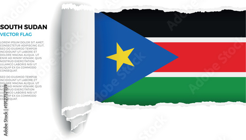 Flag of South Sudan. Flag revealed through torn paper rolled up on a transparent background