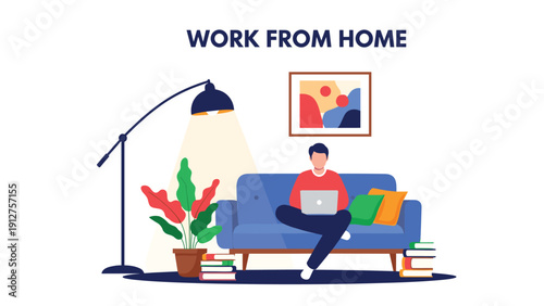 Professional man sitting on a blue sofa and working on his laptop in a cozy living room with a lamp, books, and green plants.