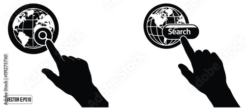 Vector silhouette illustration of hands interacting with global search icons