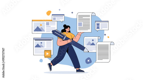 Creative woman carrying a giant pen while surrounded by various digital windows, documents, and video icons for content creation.