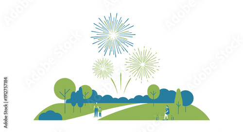 Vector illustration of people walking on a path in a park with fireworks exploding above trees on a green hill isolated on transparent background
