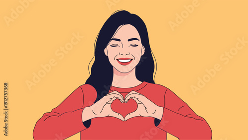 Beautiful young woman smiling with her eyes closed while making a heart shape with her hands over her chest on orange background.