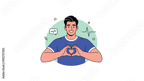 Healthy young man making a heart shape with his hands over his chest with medical heartbeat and pulse icons in the background.