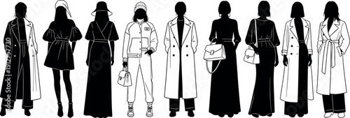 Set of fashion woman silhouettes wearing stylish autumn winter clothes including coats jackets dresses and handbags for minimalist vector design