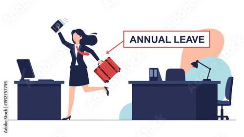 Happy businesswoman running out of the office with a red suitcase after receiving her approved annual leave plan.
