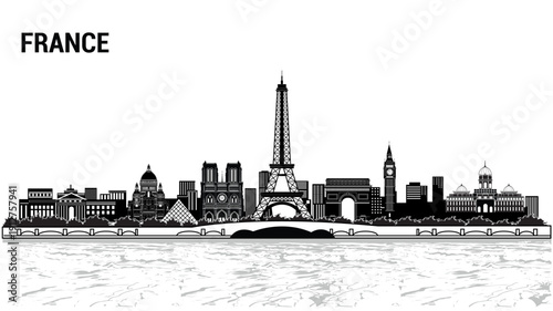 Elegant black and white France skyline vector highlighting iconic Paris landmarks, ideal for travel promotions, posters, branding, educational materials, souvenirs, websites, and digital designs.