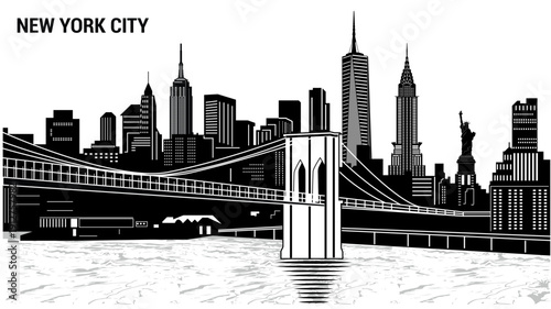 Dynamic black and white New York skyline vector featuring iconic landmarks, perfect for travel promotions, posters, branding, educational materials, souvenirs, websites, and digital design projects.
