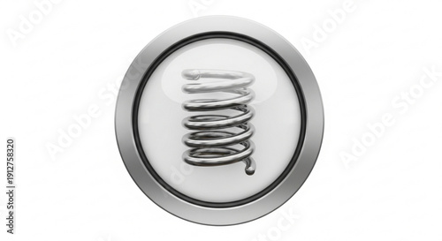 Silver metal spring coiled in circular frame with reflective surface and gradient shading on white background creating a sense of depth and dimension