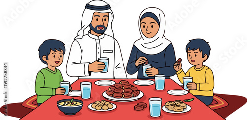 Family gathering around the table for a meal together at home with food and drinks
