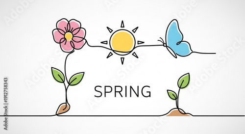 Spring season illustration with blooming flower sunshine butterfly and seedlings in simple line art style