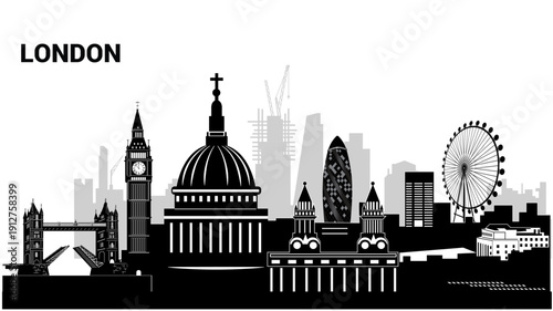 Bold black and white London skyline vector featuring iconic landmarks, perfect for travel promotions, posters, branding, educational materials, souvenirs, websites, and digital design projects.
