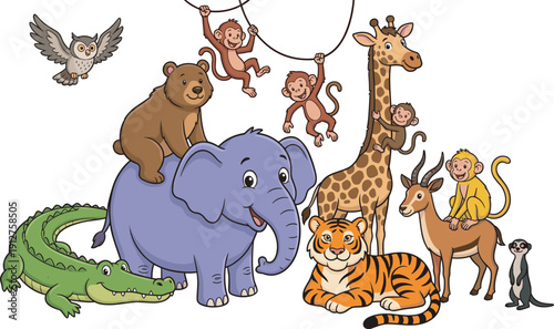Cute cartoon safari animals group, elephant tiger giraffe crocodile bear monkeys owl antelope illustration