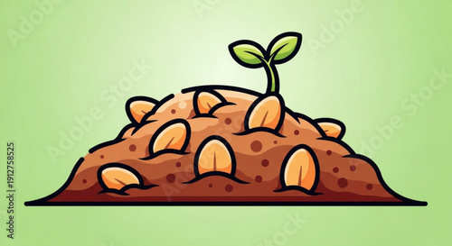 Seedling growing from pile of seeds in fertile soil with green background symbolizing growth and new beginnings