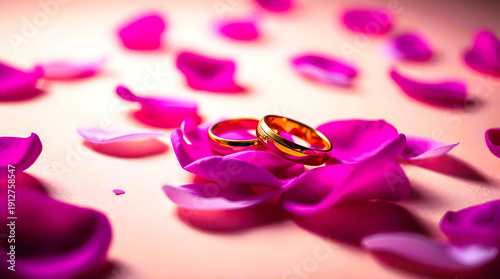 Luxurious Golden Wedding Rings Nestled on Vibrant Magenta Rose Petals for Romantic Celebrations