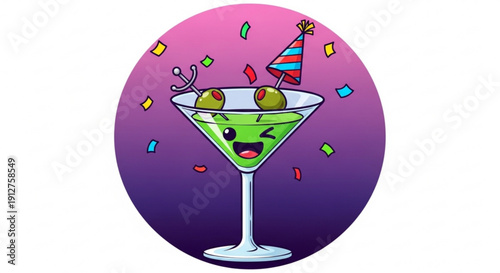 Fun cartoon martini glass with smiling green cocktail and colorful confetti celebrating a happy festive occasion