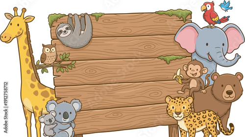 Cute cartoon jungle animals wooden signboard template, elephant giraffe monkey bear leopard birds illustration