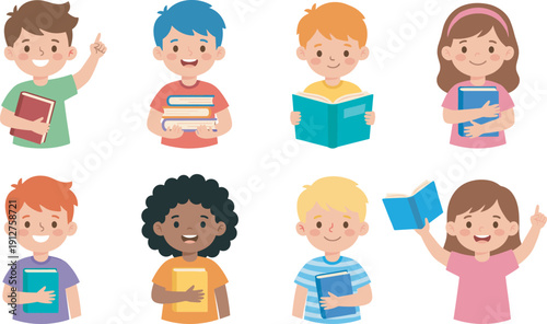 Cute cartoon school children holding books reading studying isolated colorful vector illustration set for education