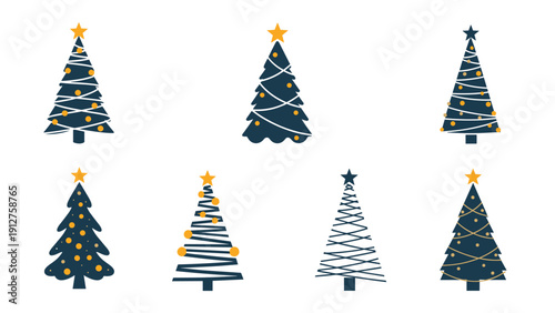 Collection of stylized dark blue Christmas trees decorated with yellow stars and golden baubles for holiday cards.