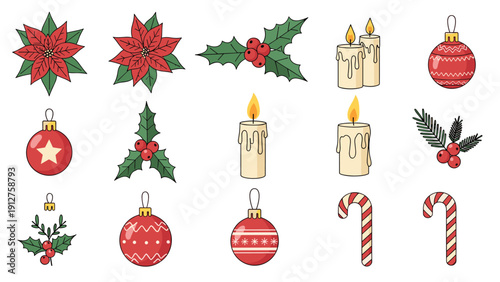 Comprehensive set of Christmas icons featuring poinsettias, holly, candles, ornaments, and candy canes for holiday decoration.
