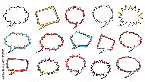 Vibrant array of sketchy speech and thought bubbles with rough hand drawn outlines in multiple shapes and colors.
