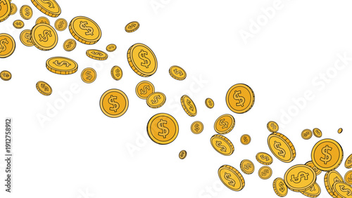 Large quantity of gold dollar coins falling through the air for finance investment and wealth accumulation concept designs.