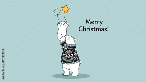 Cute polar bear parent lifting its cub with star balloons to celebrate a merry Christmas for winter holiday greeting cards.