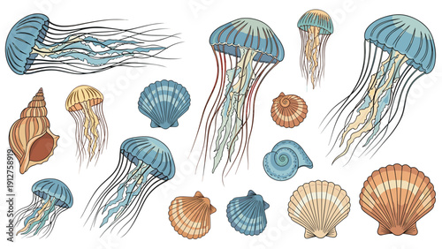 Beautiful sea life illustration with various jellyfish and seashells for marine biology and underwater nature design layouts.
