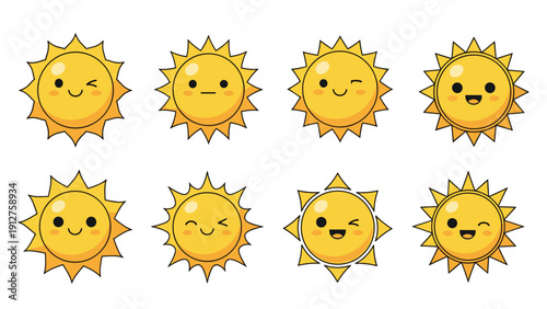 Set of happy sun characters with different cute facial expressions for weather forecasting and children education material.