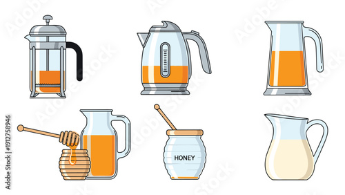 Kitchen items for tea and honey including french press kettle honey jar and milk pitcher for breakfast service theme projects.