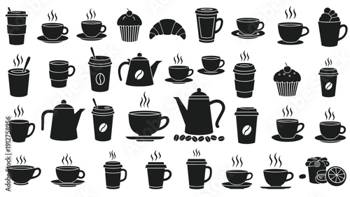 Silhouettes of various coffee and tea related items including cups mugs carafes and beans for cafe branding and menus.